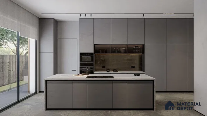 A kitchen with marble counter tops and wooden cabinetry, along with an island in the middle of the middle of the island in the middle of it is clean and dining room with white counter top space for us